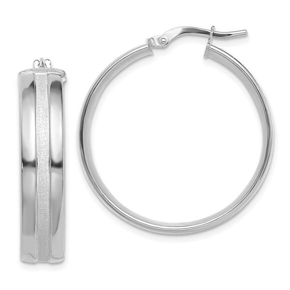 Kazi Luxury 14K White Gold 30mm Satin and Polished Hoop Earrings